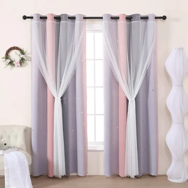 Cortinas Decorativas Perforadas En Gradient Gris Y Rosa Con Estrellas Para Dormitorio De Niñas Sala De Estar Semi-Blackout - 1