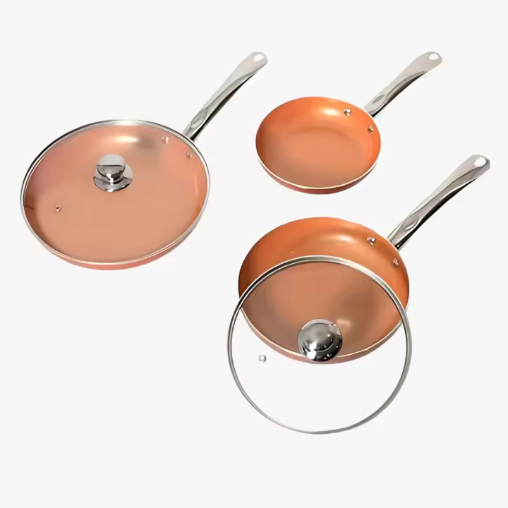 Set de 3 Sartenes con Revestimiento Cerámico  Antiadherentes en Color Cobre 20/24/28cm - Aleación de Aluminio - 5 Piezas, 3 Sartenes 2 Tapas de Cristal - 1