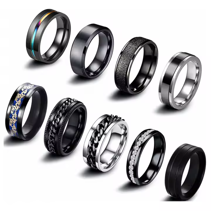 9Pcs Anilloss Hombre Inoxidable Maple Anillo Antiestres Vintage Anilloss de Boda Anilloss de Compromiso de Promesa Anillo de Cadena Conjunto de AnillosFidget Anilloss Hombre Plata Negro - 1