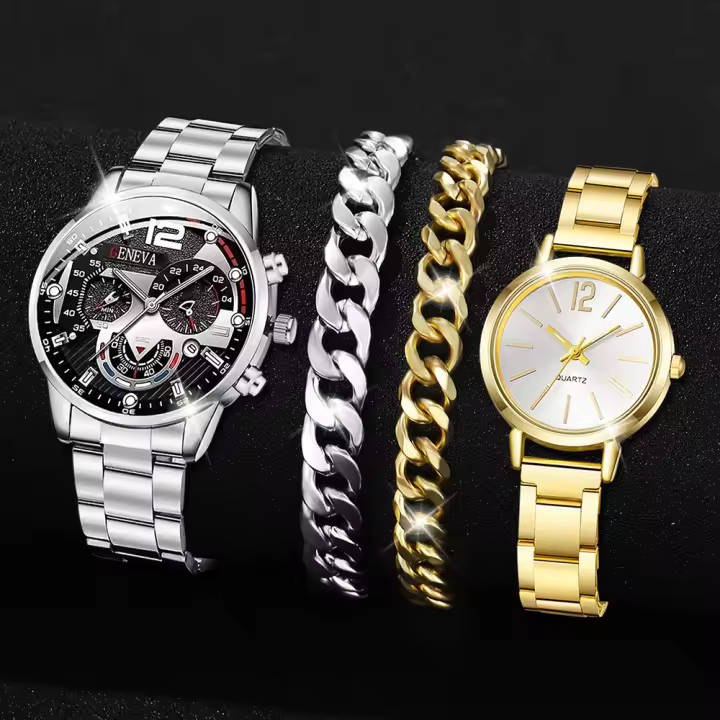 Juego De 4 Relojes De Moda Para Hombres Y Mujeres Con Pulseras De Aleación Multifuncionales Conjunto De Parejas De Lujo Sin Dial - 1