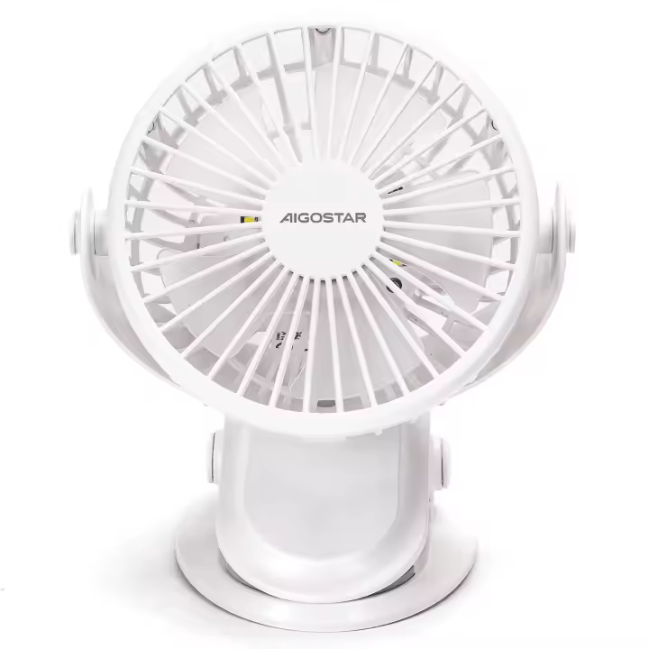 Ventilador de Mesa Portátil USB con Pinza, 6 Pulgadas, 5 Aspas, 3 Velocidades, 1500mAh, con Luz Nocturna, Blanco - 1