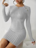 Vestido De Punto De Manga Larga Con Cierres En Los Hombros Y Cuello Redondo De Color Sólido Para Mujer Estilo Casual De Temporada Otoño/ Invierno - details 8