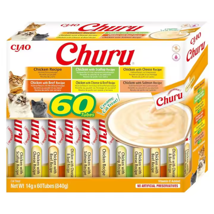 INABA Churu Box - Premios para Gatos - Snacks Saludables a Base de Atún, Varios Sabores - Textura Cremosa - Sin Cereales, Conservantes, Colorantes - 60x14g - 1