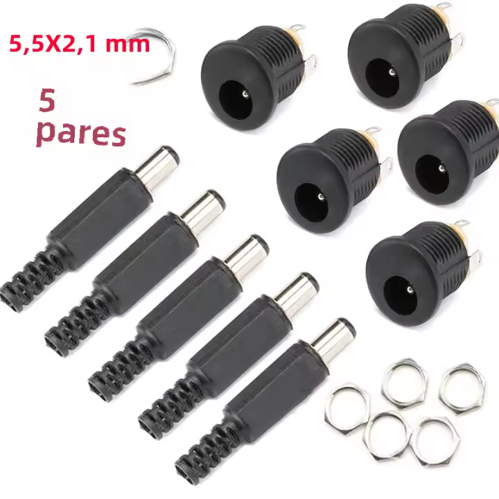 5Pares De Conector De Enchufe DC 5.5x2.1mm Hembra + Macho Para Panel De Montaje Con Cable De Soldadura Adaptador De Suministro De Energía 5.5x2.1mm - 1