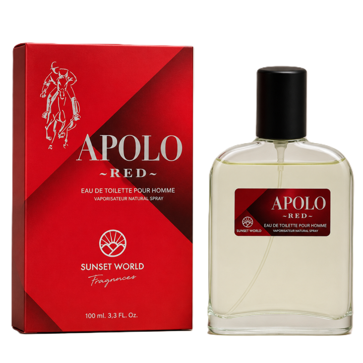 Apolo Red Eau de Toilette 100ml by Sunset World. Fragancia amaderada especiada con salida de pomelo, limón y arándano, corazón de azafrán y salvia, sobre fondo de notas amaderadas, ámbar y café. 🚚 Envíos a España 24/48h