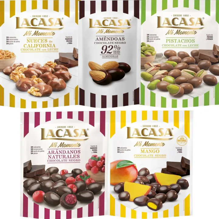 Lacasa Mi Momento pack de 5:Almendra 92% 65G,Arándano choco Negro 125G,Nueces Leche 115G,Pistacho Leche 100G,Mango choco Negro 115G - 1