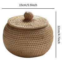 Cesta De Almacenamiento De Rotura De Rattan Natural Con Tapa Cesta De Frutas Redonda Y Ligeras Cesta De Almacenamiento De Mano Para El Hogar Caja De Aperitivos - details 0