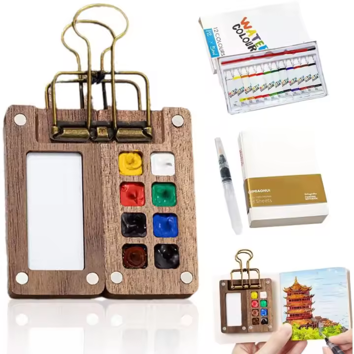 Juego de acuarelas de bolsillo para viajes, 2025 nuevo mini juego de acuarelas con colores, minikit de pintura con pinzas para carpetas, bandeja de pintura para fiestas de pintura, bricolaje y pintura artística (8 cuadrículas) - 1