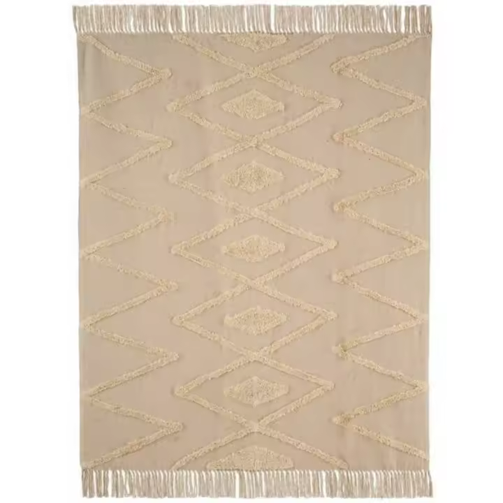 Plaza Tres Aguas – Alfombra ligera ELSA algodón 100%, de 160x130 cm, con flecos decorativos y rombos en nudos extra suaves. Color: Beige - 1