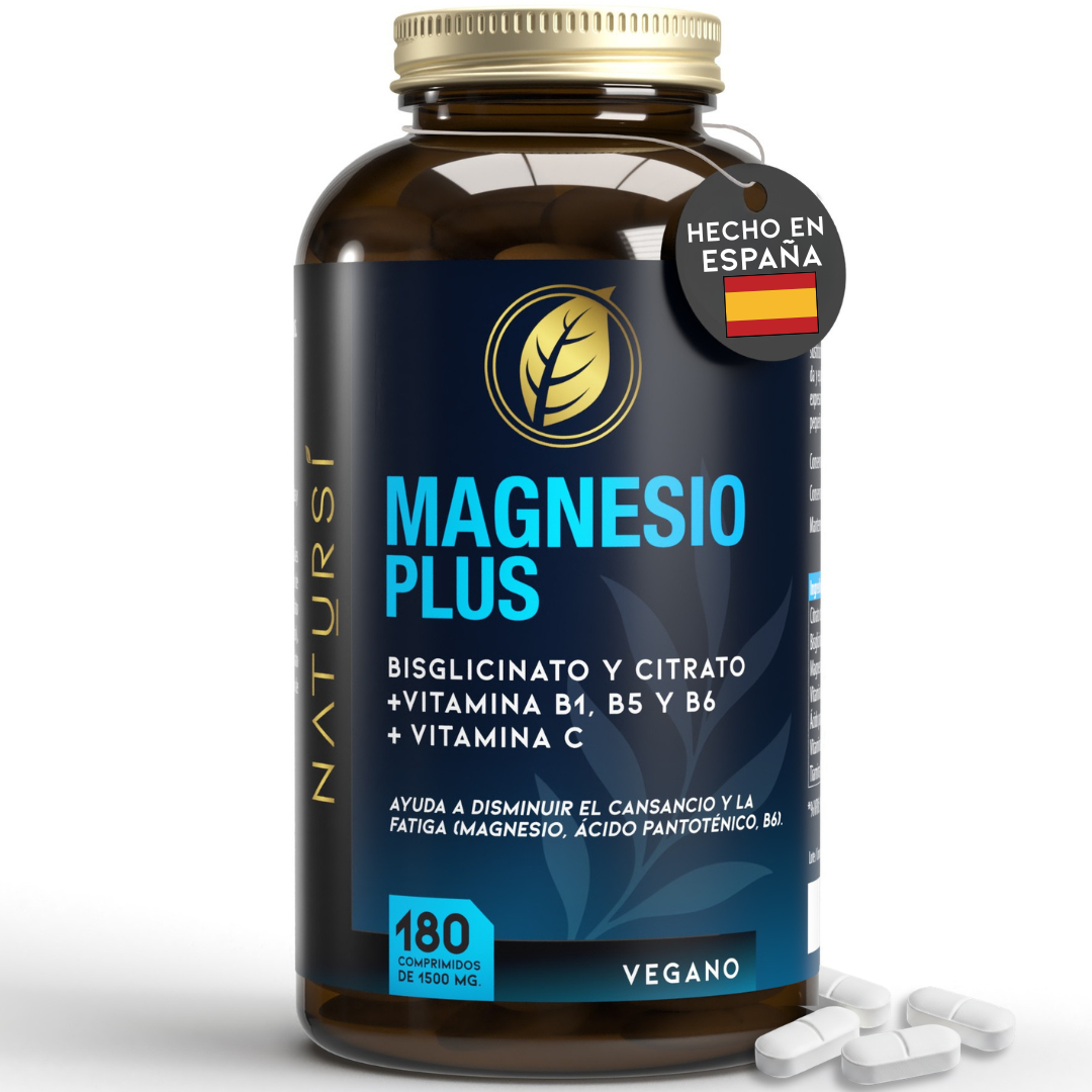 MAGNESIO PLUS Citrato de Magnesio 1651mg + Magnesio Bisglicinato 600mg + Vitamina B1, B5, B6 y C - Reduce Cansancio y Fatiga,Alivia Dolor Articulaciones y Músculos, Mejora Sueño y Descanso - Magnesium Alta Biodisponibilidad 180 Comprimidos Veganos NATURSÍ