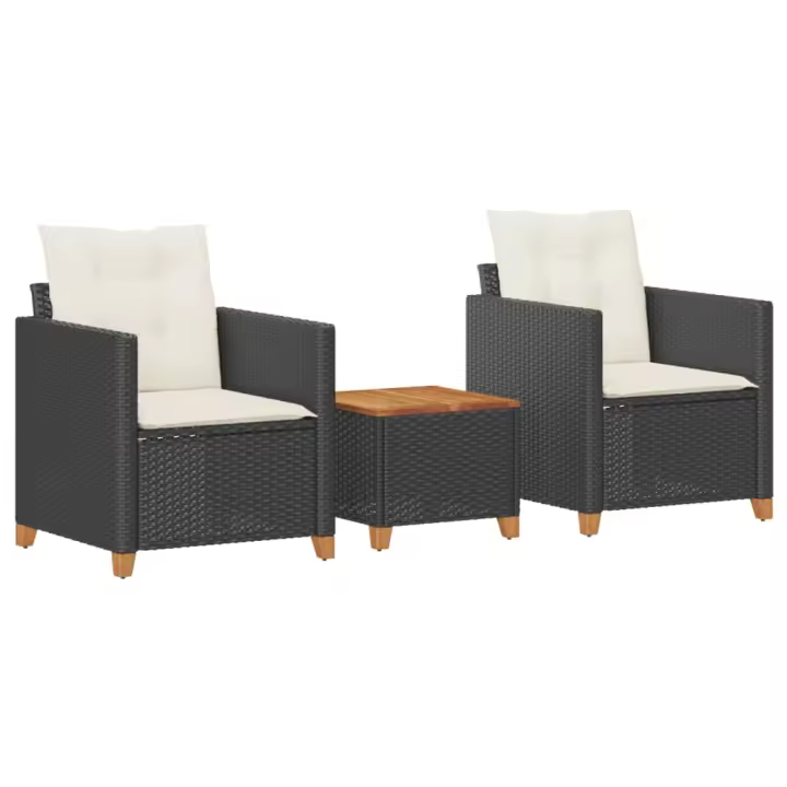 vidaXL Mesita y sillas con cojines 3 pzas ratán PE madera acacia negro - 1