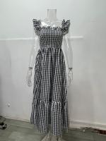 Vestido Elegante De Verano Para Mujer Con Patrón De Cuadros Y Suspensión Elástica Ajuste Suave Sin Mangas Cuello Abierto Longitud Hombro a Tobillo - details 1