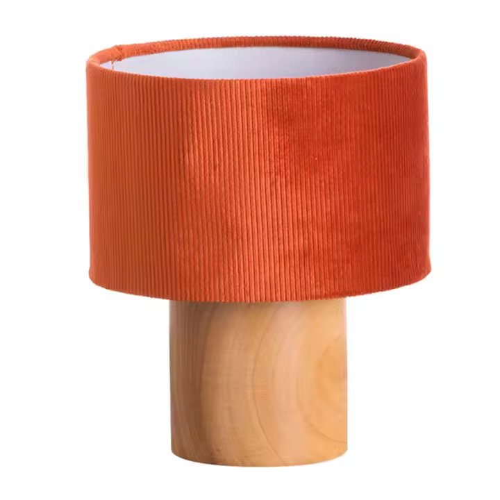 Lámpara de Mesa Redonda Moderna y Rústica | Modelo Eco Red O91 | Lámpara con Base de Madera y Pantalla de Tela Roja | Lámpara para Comedor, Salón, Dormitorio... | 18x18x22cm - 1