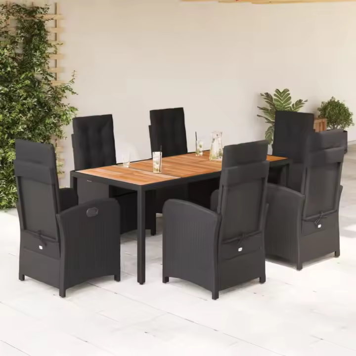 vidaXL Set de comedor de jardín 7 pzas y cojines ratán sintético negro - 1