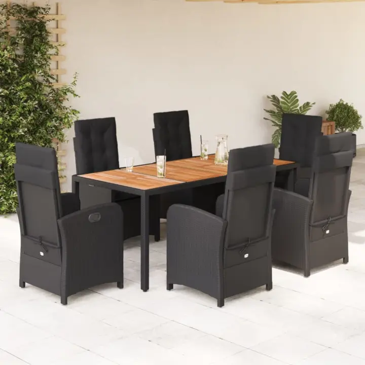 vidaXL Set de comedor de jardín 7 pzas y cojines ratán sintético negro - 1