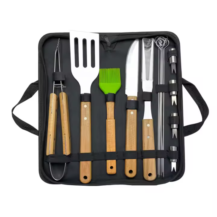 Juego De Barbacoa Al Aire Libre Con Manija De Madera Cuchara Y Pinza Accesorios De BBQ Set De Acero Inoxidable Con Bolsa De Tela Herramientas Combinadas Para Grill - 1