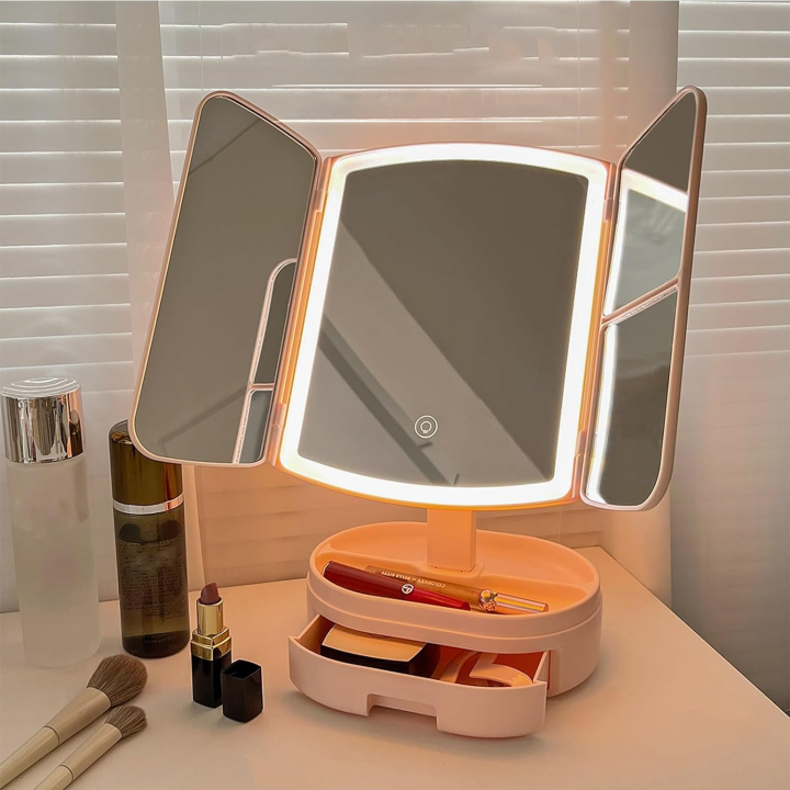 BIT  Espejo para maquillarse,Espejo con Luces, Espejo de Lupa 1X 2X 3X, con control Espejo tácil, 3 Colores de Gradación,Ajuste de Brillo, Espejo portátil, espejo con el cagón. 2 colores.