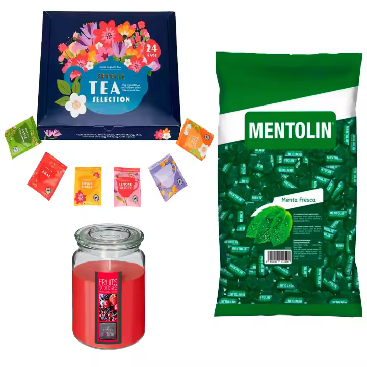 Pack relax: MENTOLIN MENTA FRESCA BOLSA 1KG + Vela perfumada de frutos rojos + Set de Te con 24 bolsitas con diferentes sabores y aromas - 1