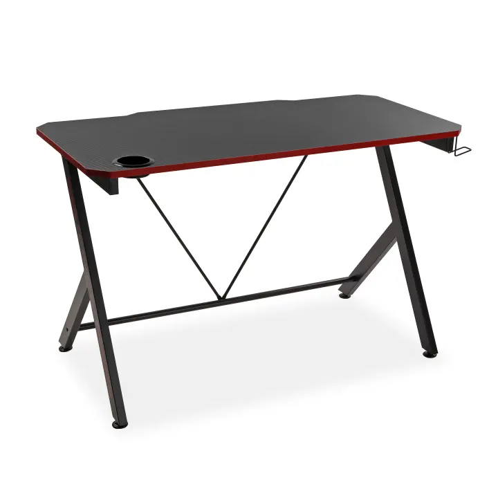 Versa Pablo Mesa Gaming para el Ordenador, Mesa para la Habitación o Estudio. Mesa juegos, con agujero para bebida, colgador para auriculares, Medidas (Al x L x An) 76 x 60 x 120 cm, Madera y Metal, Color Negro y rojo - 1