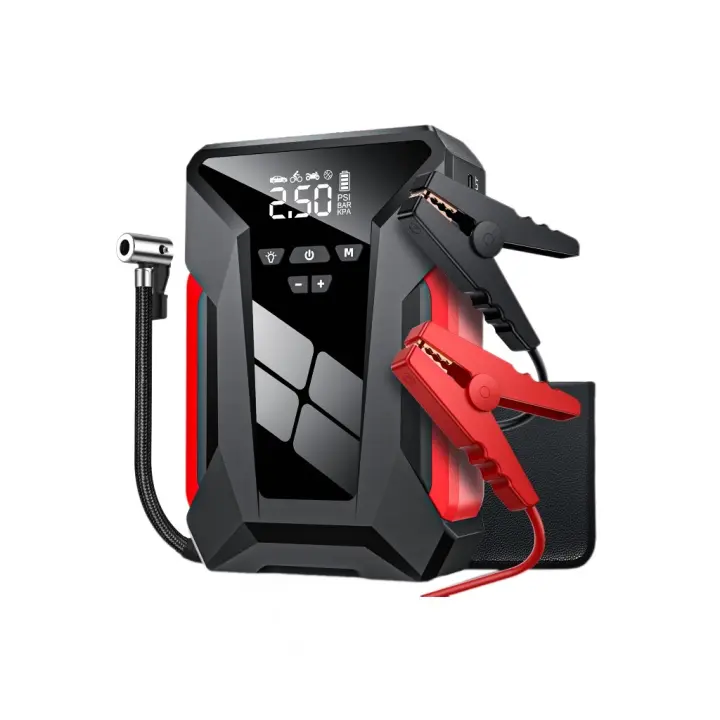 Arrancador portátil de batería de coche de 2000 A y 28 000 mAh, 12 V, Banco de energía de emergencia para automóvil con pinzas de seguridad inteligentes, pantalla inteligente y luz LED, inflador de neumáticos de 150 PSI para viajes y acampadas - 1
