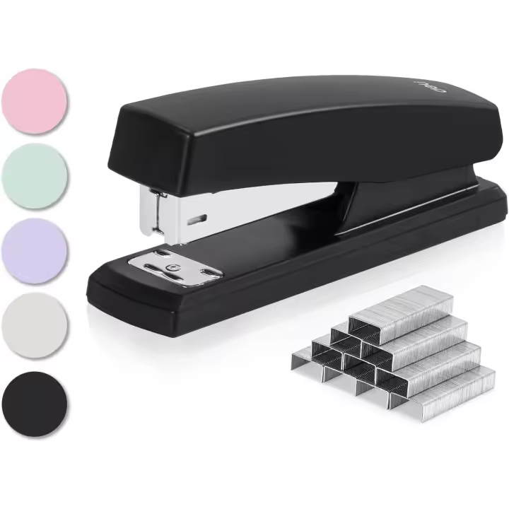 Grapadora Deli, grapadora de escritorio con 640 grapas, grapadora de oficina, capacidad para 25 hojas, color negro - 1
