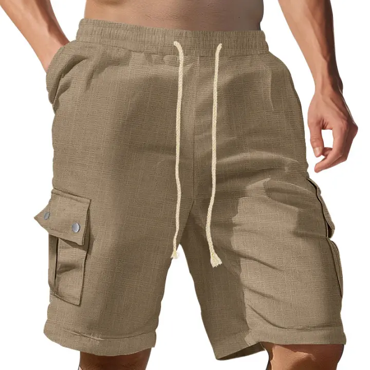 Pantalones cortos de trabajo multibolsillos estilo americano para hombre, informales, ajustados, con cordón, de verano - 1