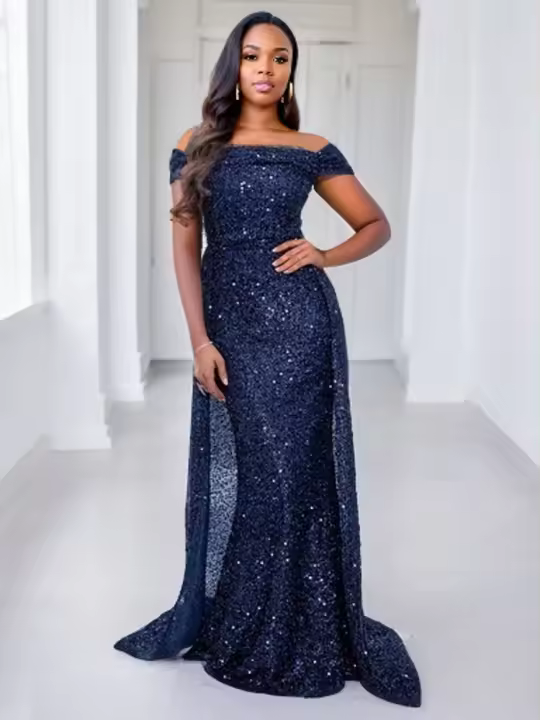 Vestido De Noche Romagic Azul Oscuro Con Cuello Abierto Y Cola Desmontable Vestido De Fiesta De Invierno Mermaid Con Lentejuelas Para Mujer - 1