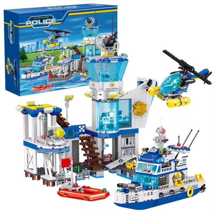 Juego De Bloques De Construcción De Estación De Policía Marina Ciudad Compatible Con Leg0 Incluye Estación De Policía Helicóptero Barco Buscador - 1
