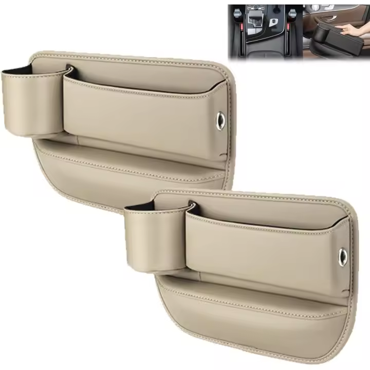 Caja de almacenamiento para asiento de coche, bolsa de cuero para portavasos, caja de almacenamiento para asiento de coche con portavasos, caja de almacenamiento para espacio de asiento (2 piezas beige, mezcla) - 1