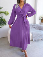 Vestido Largo Elegante Para Mujer Con Cuello En V Manga Larga Pleated Maxi Con Cinturón Estilo Casual De Pierna Larga - details 43
