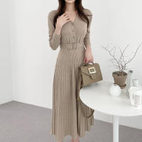 Vestido De Suéter Tejido Para Mujer Estilo Vintage A-Line Cuello V Manga Regular Botones Mid-Calf Talla Suave Otoño Invierno - details 11