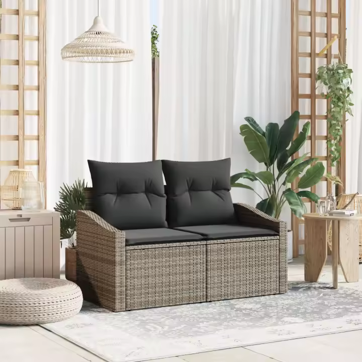 Sofá de jardín para 2 personas con almacenamiento y cojines de ratán gris - 1