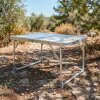 Aktive - Mesa baja plegable camping, color crema, 60x40x25 cm, patas y tablero plegables, máx. 20 kg, aluminio y madera MDF, antideslizante, antivuelco, plegado compacto, mesa portátil, resistente y duradera, cierre de seguridad, asa de hombro y de mano - details 5