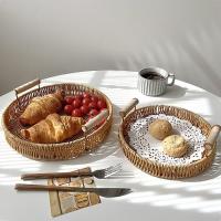 Bandeja De Alimentos De Plástico Tejida a Mano En Rattan Para Frutas Verduras Pasteles Forma Redonda Cesta De Almacenamiento Con Mango - details 10
