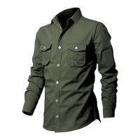Camisa Táctica De Verde Militar Para Hombres Con Dos Bolsillos En La Cara Cuello En V Manga Larga Estilo Safari Casual - details 15