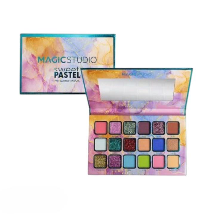 Paleta sombras Magic Studio Sweet Pastel 18 colores con espejo tonos pastel y brillantes acabado mate y glitter alta pigmentación ideal para looks diarios creativos y maquillaje colorido 🚚 Envíos a España 24/48h