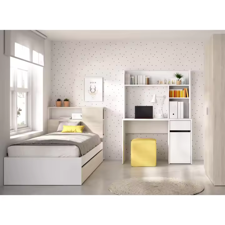 DEKIT GRUPO RIMOBEL TEN PACK - CONJUNTO DE CAMA CON CABEZAL T ARRASTRE, MESA ESCRITORIO CON ALTILLO Y ARMARIO DE 2 PUERTAS - BLANCO / NATURAL - 1