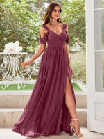 Vestido De Noche Elegante Para Mujer Unithorse Con Hombros Finos Manga Corta Cintura Ajustada Y Abertura En El Lado Chiffón Formal Para Damas De Honor - details 0