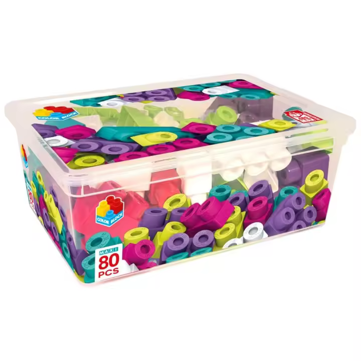 Color Baby Contenedor 80 Piezas Color Block Trendy – Set de Construcción Educativo para Niños, Bloques de Colores Modernos y Formas Variadas, Ideal para Desarrollo Creativo, Habilidades Motoras y Juegos Imaginativos con Almacenamiento Práctico - 1