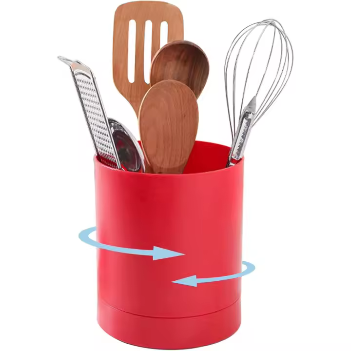 Soporte giratorio para utensilios de cocina, color rojo, con rotación de 360°, organizador de utensilios de encimera con 3 compartimentos. - 1
