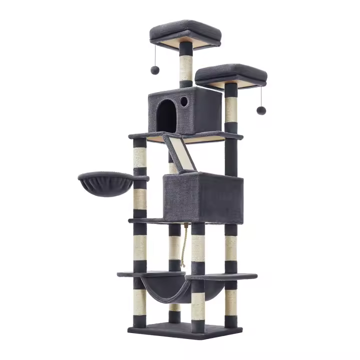 Árbol para gatos XXL de 206 cm, torre con 13 postes, 2 plataformas, 2 cuevas, cesta, hamaca, pompón y rascador multinivel para gatos grandes - 1