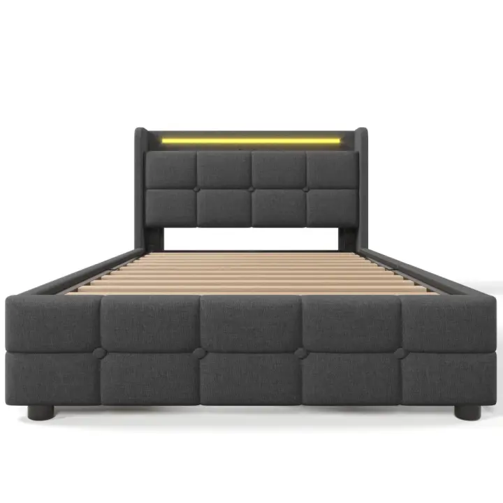 Cama Individual Tapizada 90x200 cm Gris - Base de Listones de Madera Natural, 2 Cajas de Almacenamiento Integradas, Carga USB e Iluminación LED (Sin Colchón) - 1