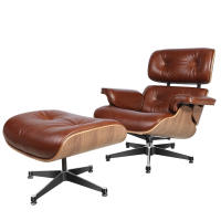 TY318 Classic Recliner Light Walnut Armchair With Waxing Cyan Cowhide Black Big Head Foot Swivel Deck Chair Lounge Chair Furniture - details 1