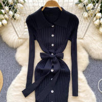 Vestido De Punto Para Mujer REALEFT Otoño Invierno Con Cinturón Cuello Polo De Mano Sola Manga Larga Ajuste Cintura Alta Vestido De Trabajo - details 11