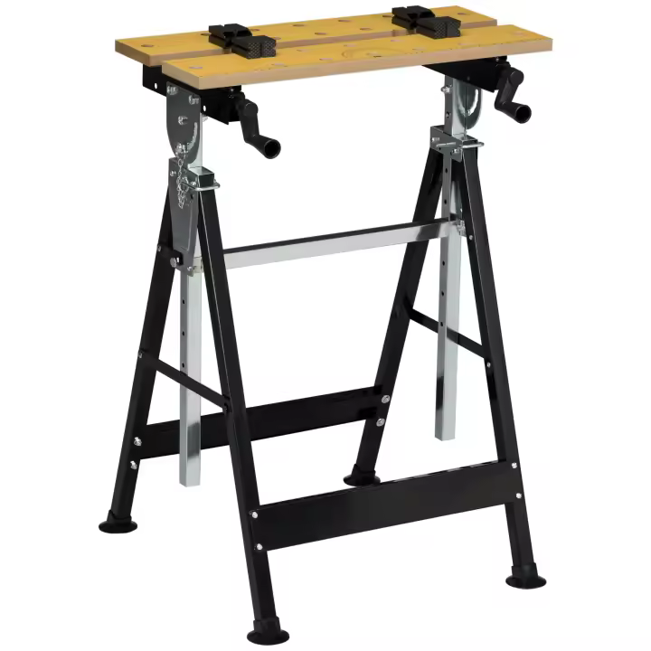 HOMCOM Banco de Trabajo Ajustable en Altura con 4 Clavijas Giratorias Tableros Ajustables en Ángulo y Distancia 65x57x85-114 cm Madera Natural y Negro - 1