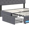 Cama tapizada con LED y USB, 4 cajones, arcón de almacenamiento, somier de láminas de madera, lino gris, 140x200/160x200/180x200 cm - details 0