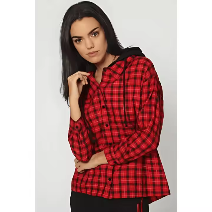 Camisa casual cuadros capucha manga larga botón - Rojo - 1
