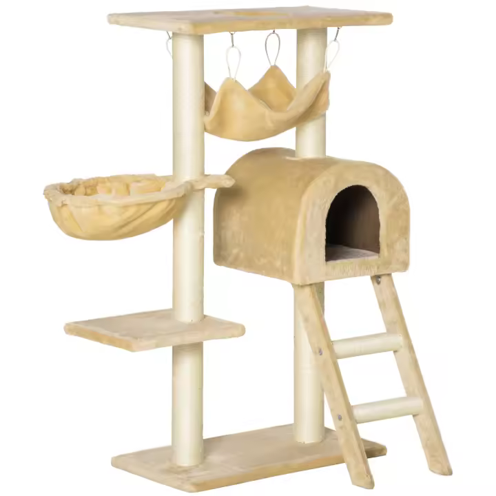 PawHut Árbol Rascador para Gatos Altura 98 cm Torre Escalador con Cueva Cesta Hamaca Escalera Plataformas y Postes Rascadores de Sisal Natural 54x29,5x98 cm Beige - 1