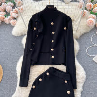 Conjunto De Ropa De Mujer REALEFT Otoño Invierno 3 Piezas Traje De Tejido Knitted Cardigan De Botón Sencillo Y Tops Falda Elegante Para Oficina - details 5