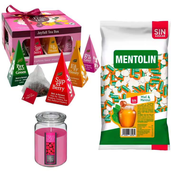 Pack surtido: MENTOLIN MIEL MENTOL S/A BOLSA 1KG + WELL HOME - Vela perfumada de frambuesa + WELL HOME - Caja de Té Joyfull con variedad de sabores - 1